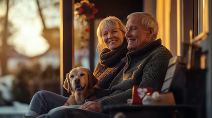 Elderly couple enjoying sunset on porch with dog, warm light, happiness, togetherness, relaxation, retirement, serene moment, lifestyle concept