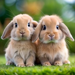 Two cute fluffy Holland Lop rabbits sitting together on green grass close-up.