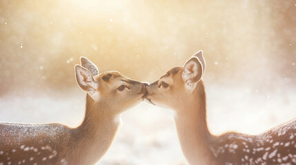 Two adorable fawns touching noses in a snowy forest with golden sunlight in winter, heartwarming wildlife scene, love and nature concept