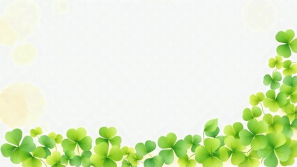  Frame of green clover leaves with shamrock in watercolor style on white background with space for text for St. Patrick's Day. Background for design.