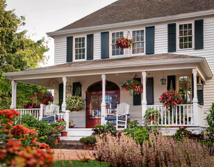 Fototapeta premium A classic Victorian house with a charming front porch, adorned with rocking chairs, hanging