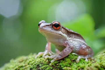 Fototapeta premium Close up of a vibrant tree frog perched on a mossy surface in a lush forest during a sunny afternoon
