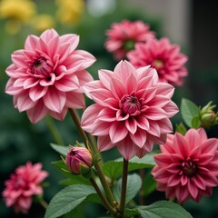 Fototapeta premium Oil painting featuring dahlias blooming in a picturesque garden setting