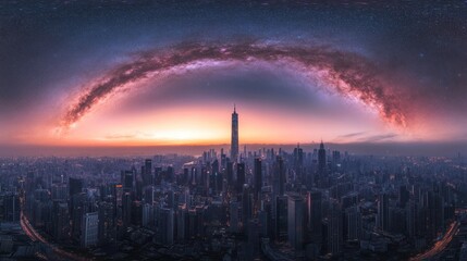Fototapeta premium A panoramic view of a city skyline under a starry sky at sunset.