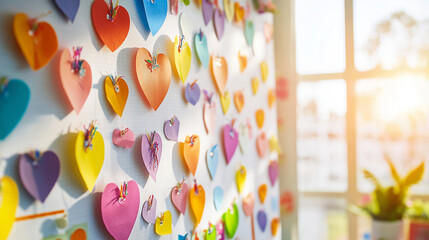 Colorful paper hearts on a wall, sunlight, arts, cheerful decorations, vibrant colors, creative craft project, DIY, classroom decor, love theme concept
