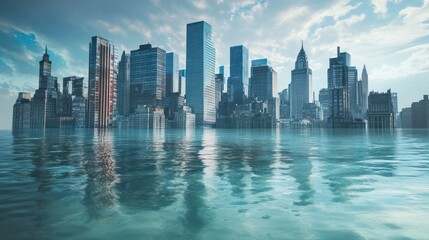 Naklejka premium A city half-underwater with submerged streets and buildings conceptual illustration of the imminent threat of sea level rise to coastal urban areas.