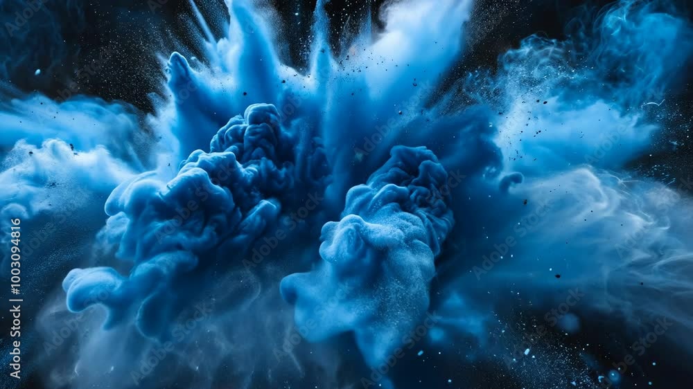 Poster blue ink explodes in a dark liquid, creating abstract shapes and textures