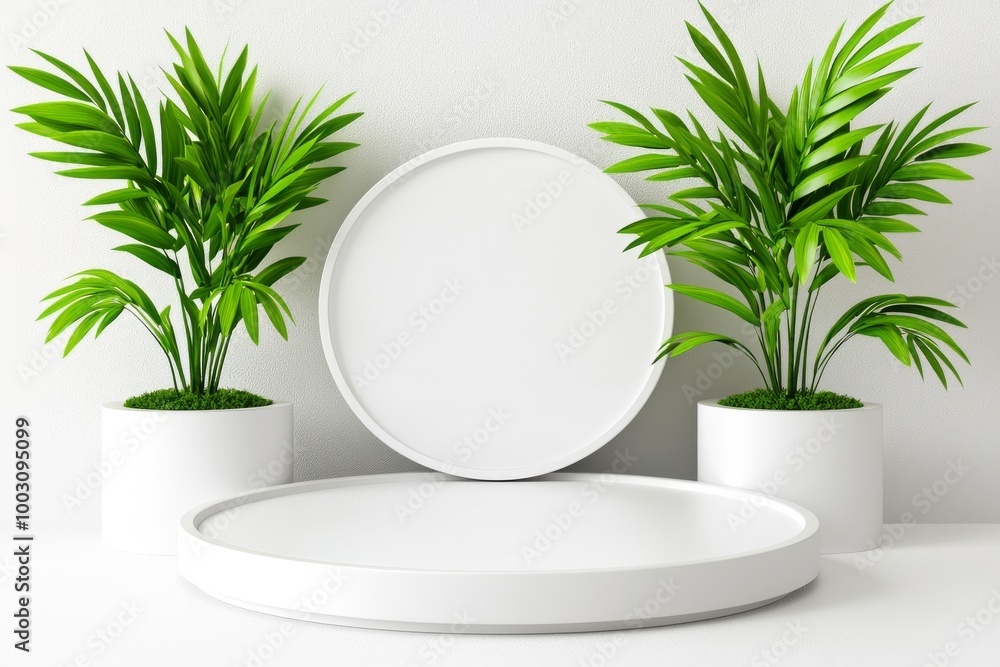 Poster an elegant product placement podium made from white geometric shapes with ample space for copy. mini
