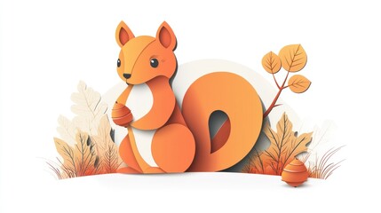 A stylized illustration of a cheerful squirrel surrounded by autumn leaves and acorns.