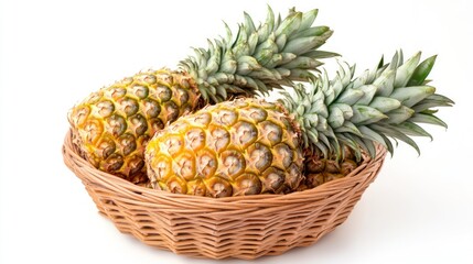 A basket filled with fresh pineapples showcasing their vibrant colors and textures.