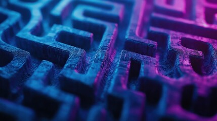 A detailed close-up of a blue and purple maze showcasing the complex network of paths and the difficulty of finding a way out, A maze made of blockchain elements, AI Generated