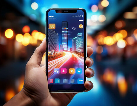 A close-up of a hand holding a smartphone, with a bright, user-friendly app interface displa