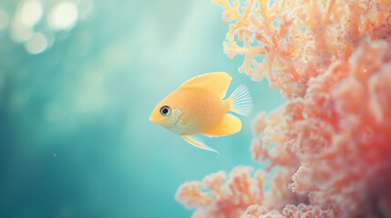 Vibrant yellow fish swimming among coral reefs in clear blue water, underwater life concept
