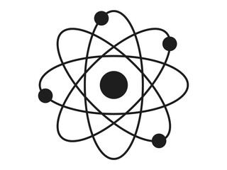 Black silhouette of an atom with orbiting electrons isolated on a white background. Concept of science, physics, atomic structure, minimalism. Design element.