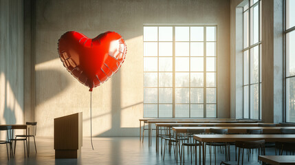 Heart-shaped balloon floating in empty classroom with wooden desks, morning light streaming through large windows, romantic and serene atmosphere concept