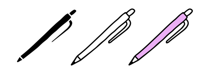 Set of pen icons featuring colored illustration, black silhouette, and black outline, isolated on a white background. Concept of writing, stationery, office supplies, and design. Design elements.