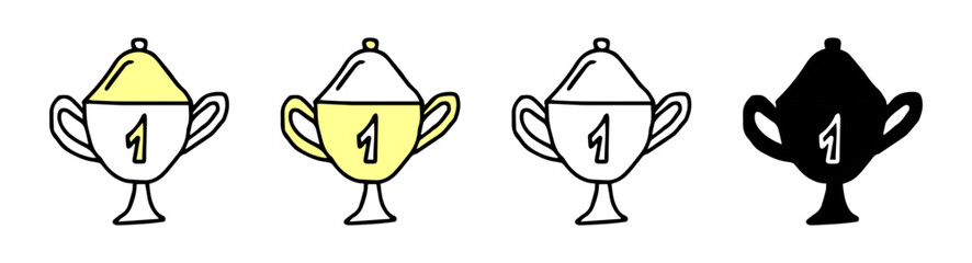 Set of winners trophy cup icons featuring colored illustrations, black silhouette, and black outline, isolated on a white background. Concept of achievement, success, and competition. Design elements.