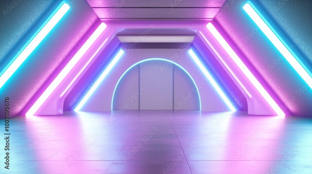 Poster an abstract geometric background with shapes and neon lines glowing in ultraviolet light, 3d render