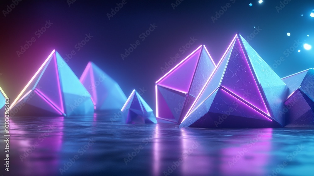 Poster render of abstract geometric background with neon lines glowing in ultraviolet light, 3d