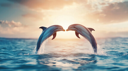 Dolphins jumping out of water during sunset, creating beautiful ocean scene, marine wildlife photography concept