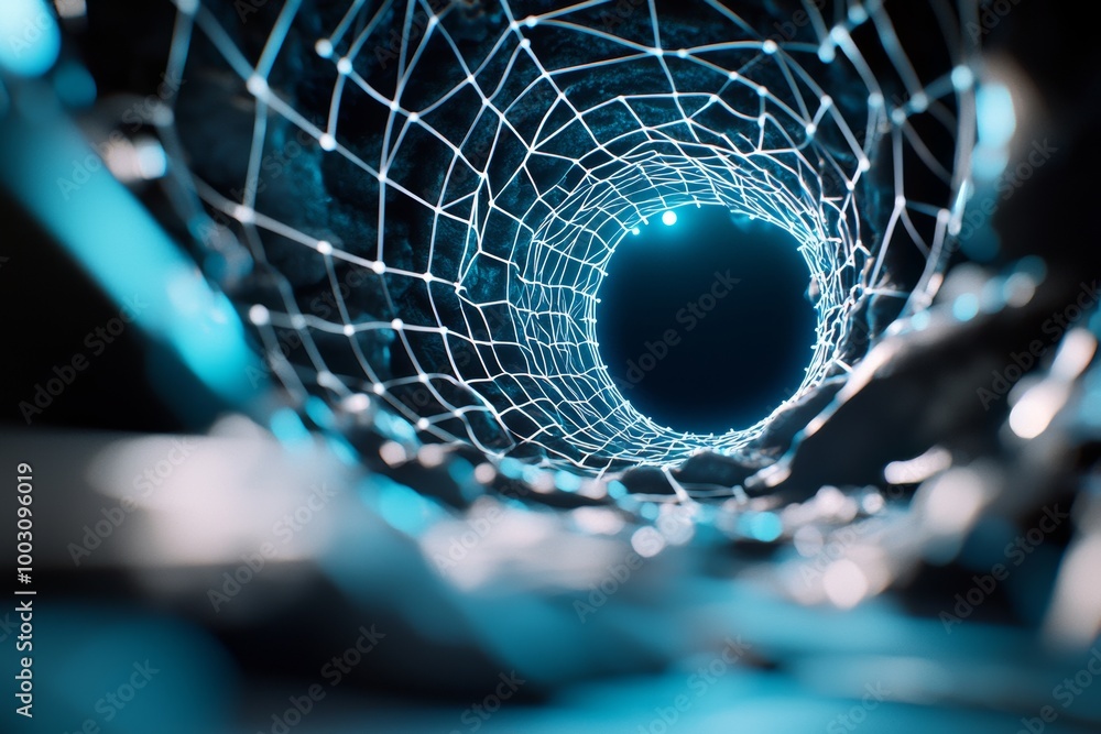 Poster grid lines forming a tunnel with an illuminated end. a visual representation of physical forces, bla