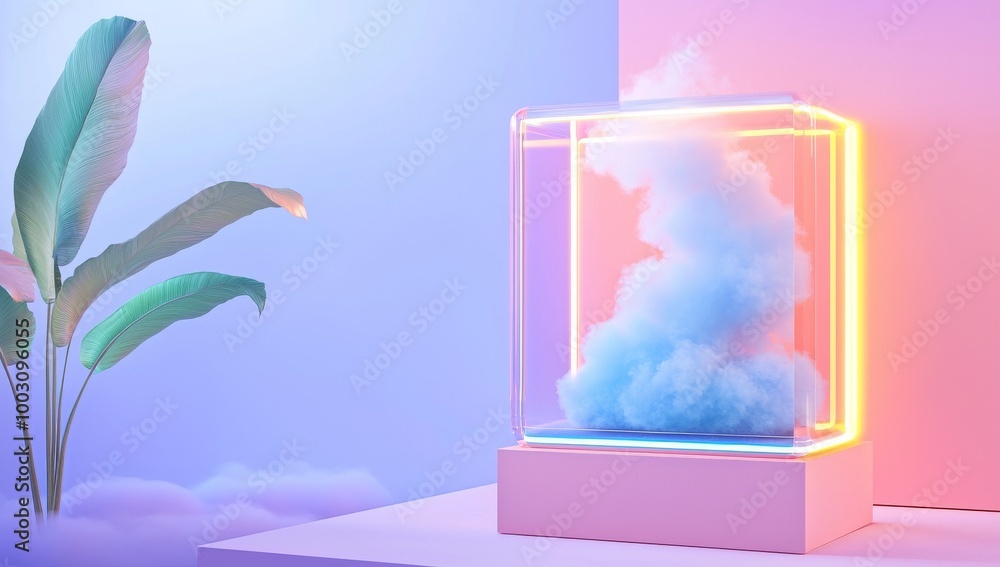 Poster this is a 3d rendering of a pink blue neon background with a glowing cloud and geometric shape cube,