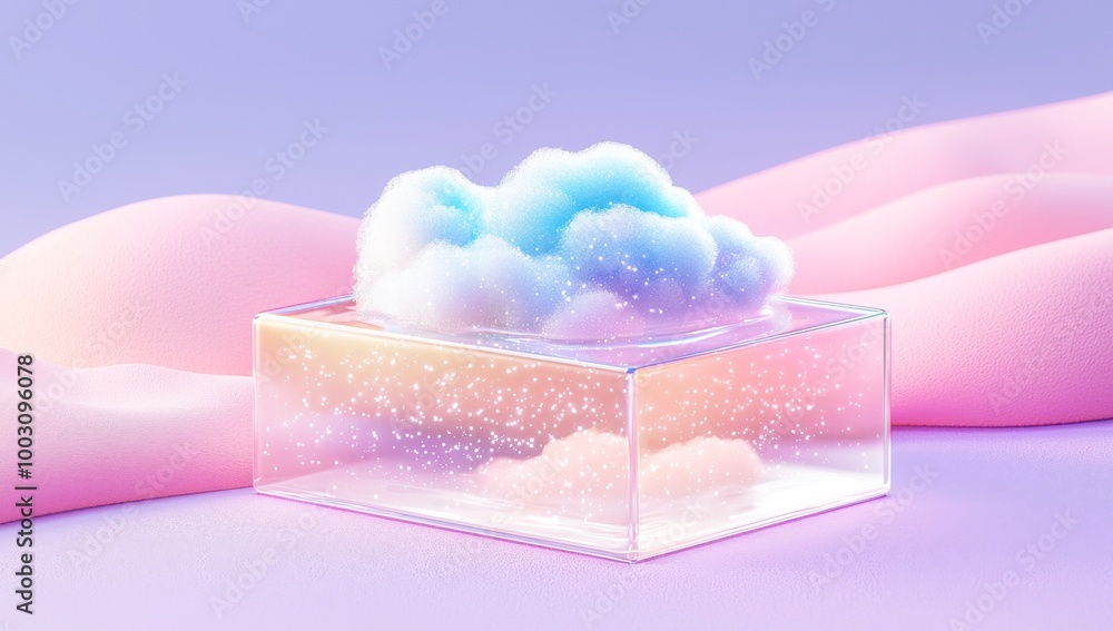 Poster pink blue neon abstract background with glowing clouds and cube box geometric shape generated by ai