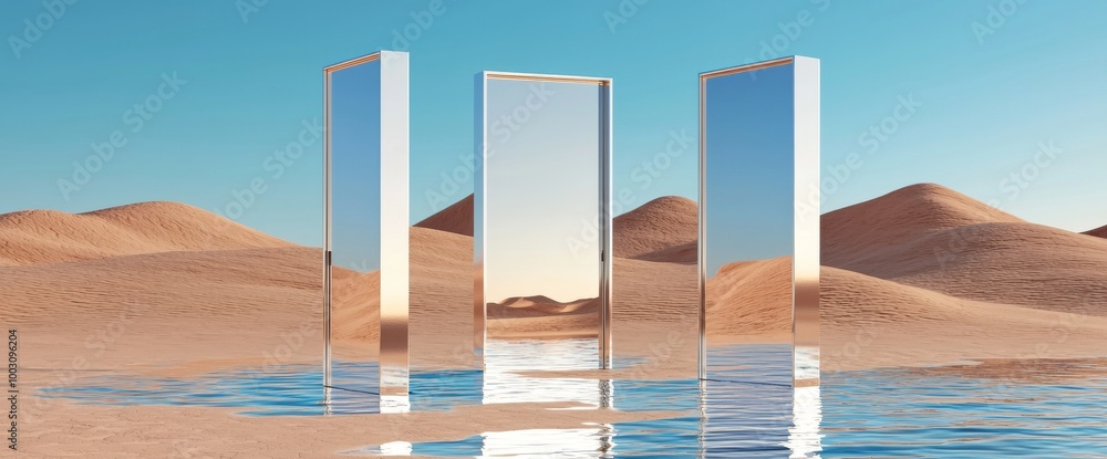 Poster stunning 3d render of an abstract surreal background with sharp chrome geometric shapes. panoramic s