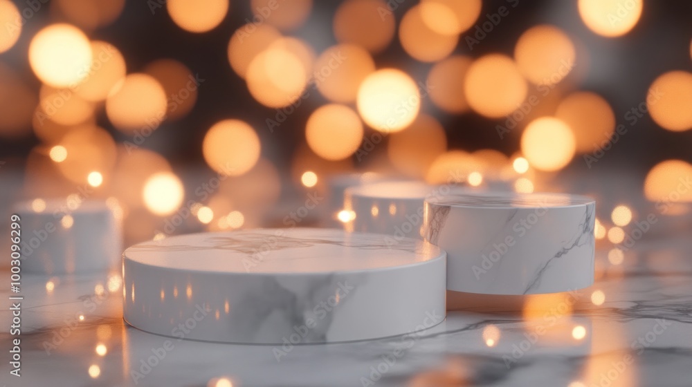 Aufkleber a serene display of marble platforms with a blurred bokeh background.