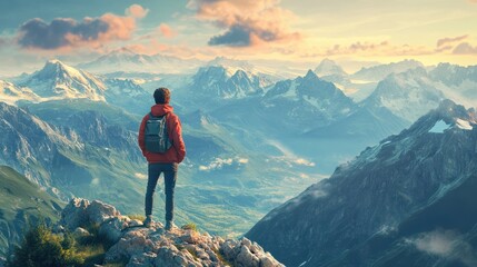 Obraz premium A person stands on a mountaintop looking out at the view, mental health images, photorealistic illustration