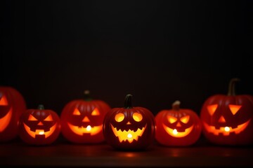 Glowing jack-o'-lanterns with eerie expressions representing Halloween spirit against dark background
