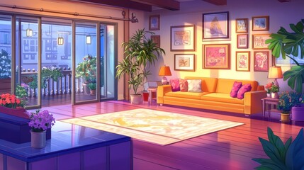 A cozy living room with plants, a bright sofa, and artwork, creating a warm atmosphere.