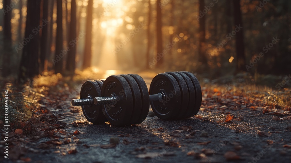 Poster a pair of dumbbells rests on a forest path, illuminated by soft sunlight.