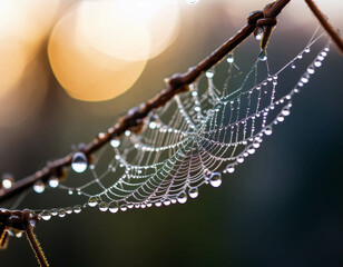 A close-up of raindrops clinging to a spiderweb, the delicate strands glistening in the ligh