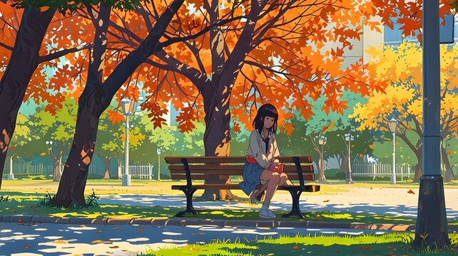 Lofi video | girl sitting on a bench in the park, leaves falling from the tree, in the style of anime | 4K High-Quality Loop Animation Video For LoFi Music