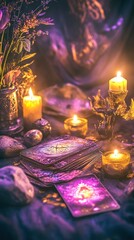 Mystical table setting with tarot cards, candles, crystals on purple cloth. Rich colors, magical lig