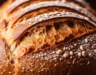 A close-up of the crispy crust of freshly baked bread, showing air bubbles and rough texture