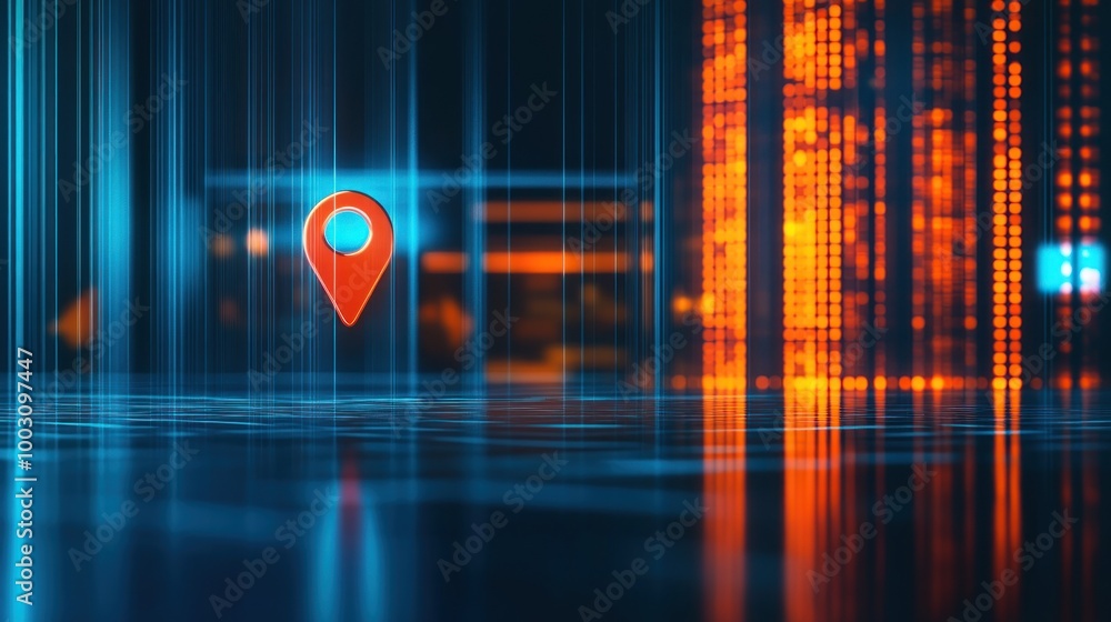 Poster a digital representation of a location pin amidst a futuristic data backdrop.