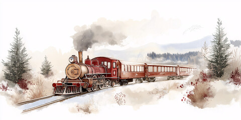 Vintage red steam train traveling through a snowy landscape surrounded by pine trees