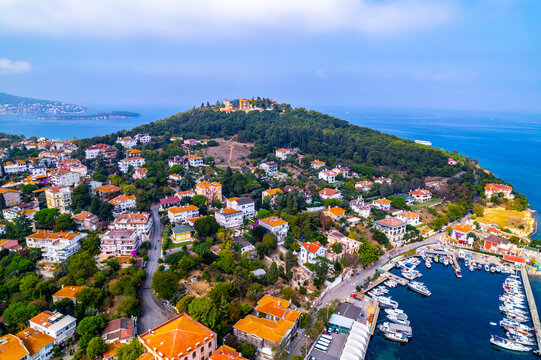 Heybeliada Island in Istanbul, Turkey. Heybeliada is the second largest of the Princes Islands in the Sea of Marmara. Drone shot.
