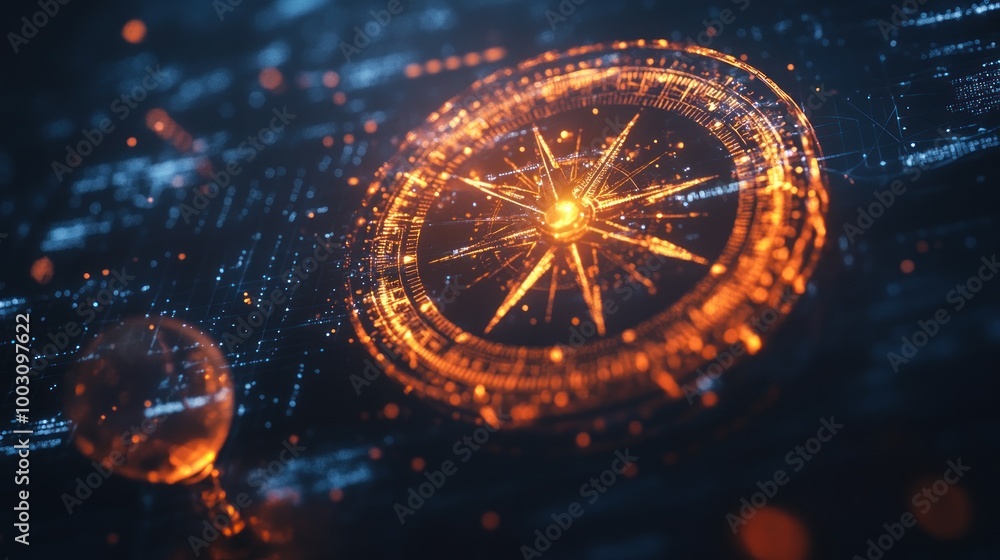 Poster a digital compass design with glowing elements on a dark background, symbolizing navigation.