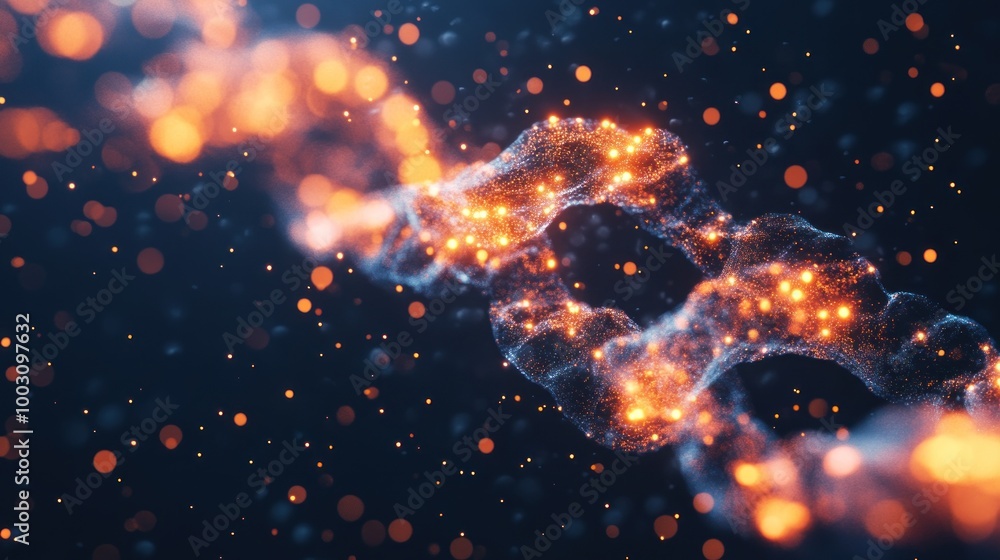 Poster a digital representation of a molecular structure with glowing particles.