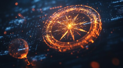 A digital compass design with glowing elements on a dark background, symbolizing navigation.