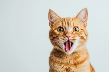 A cute, orange cat with an open mouth and a surprised expression, against a white background Generative AI