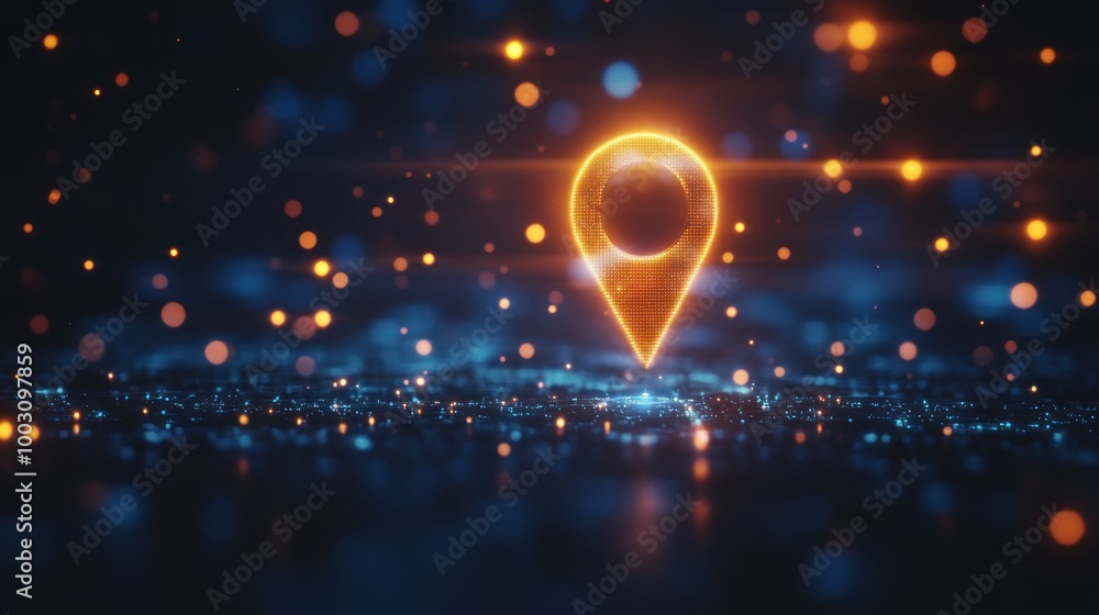 Poster a glowing location pin on a digital background with particles and light effects.