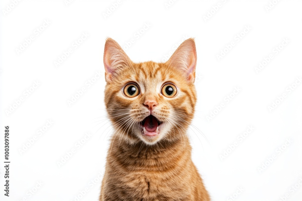 Poster an orange cat with its mouth open, displaying a surprised expression, against a white background gen