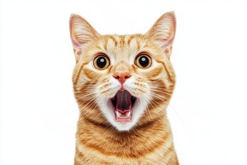 Obraz premium A photograph of an orange cat with a wide-open mouth, a surprised expression, a white background Generative AI