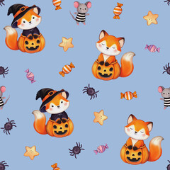 Seamless Halloween pattern featuring foxes, pumpkins, witch hats, candies, mice, and stars in a whimsical, festive design. Perfect for autumn decorations, fabric, packaging, and seasonal party themes 