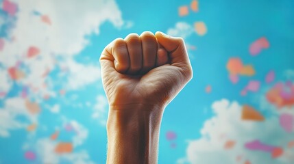 An advertit for the festival featuring a bold and empowering image of a fist raised in triumph representing the resilience and determination of those. Vector illustration