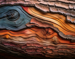 A close-up of the texture of rough, peeling tree bark, revealing different layers and colors